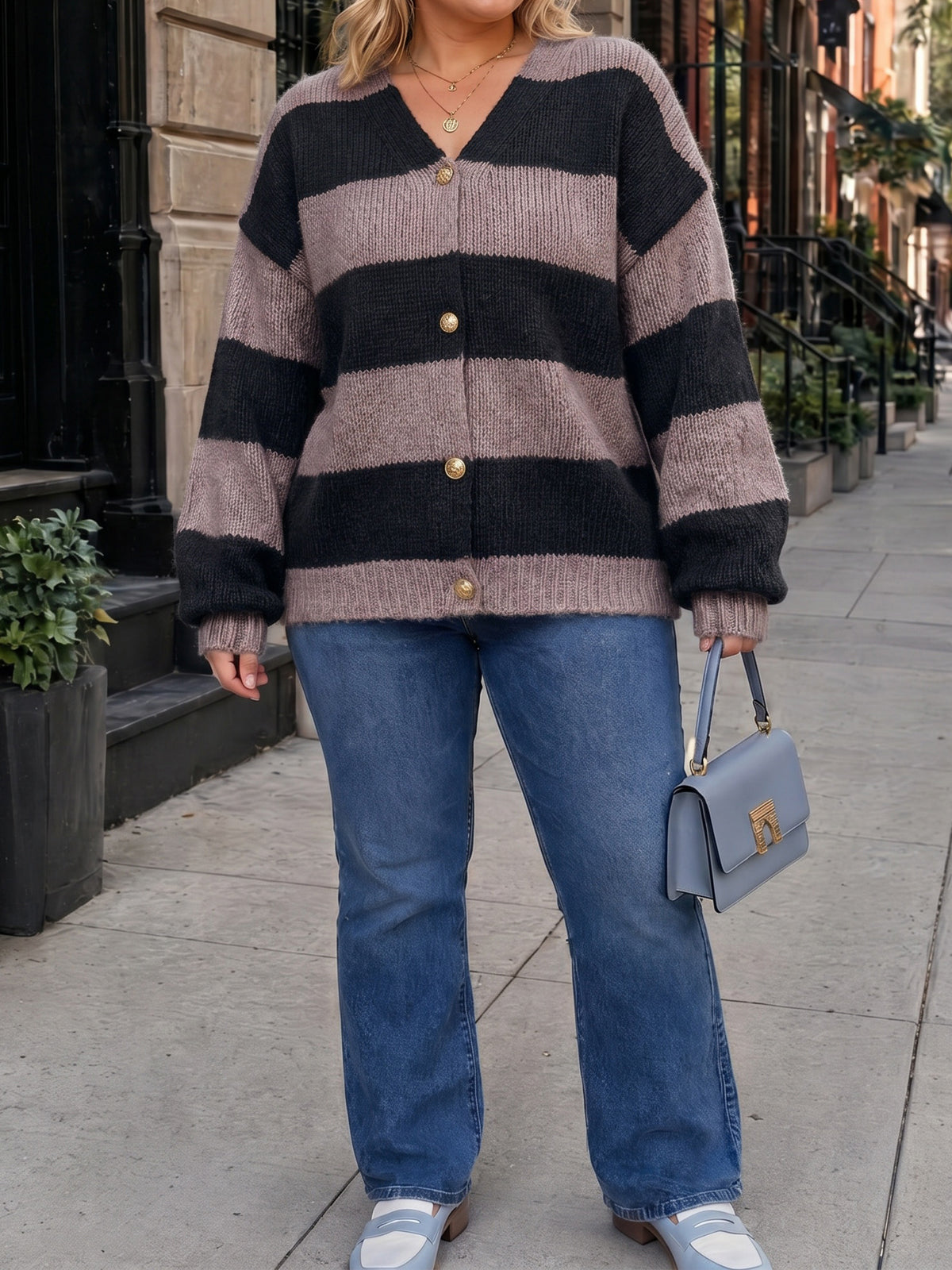 Striped Open Front Button Up Cardigans - Fisoew