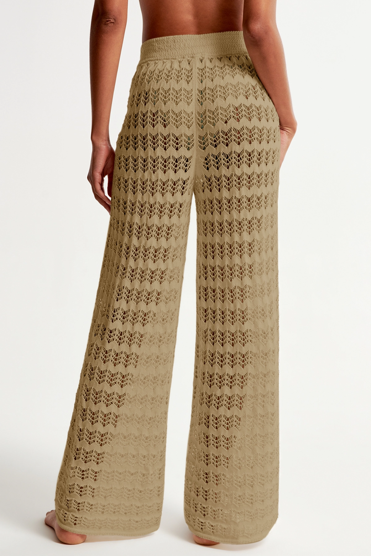 Fisoew Women‘s Khaki Crochet Sheer Mesh Cover Up Pants - Fisoew