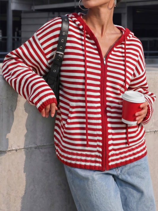 Striped Zip Up Hoodie Long Sleeve Hoodies - Fisoew