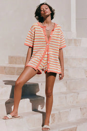 Fisoew Women's Orange Crochet Striped Knit Swimsuit 2-Piece Set