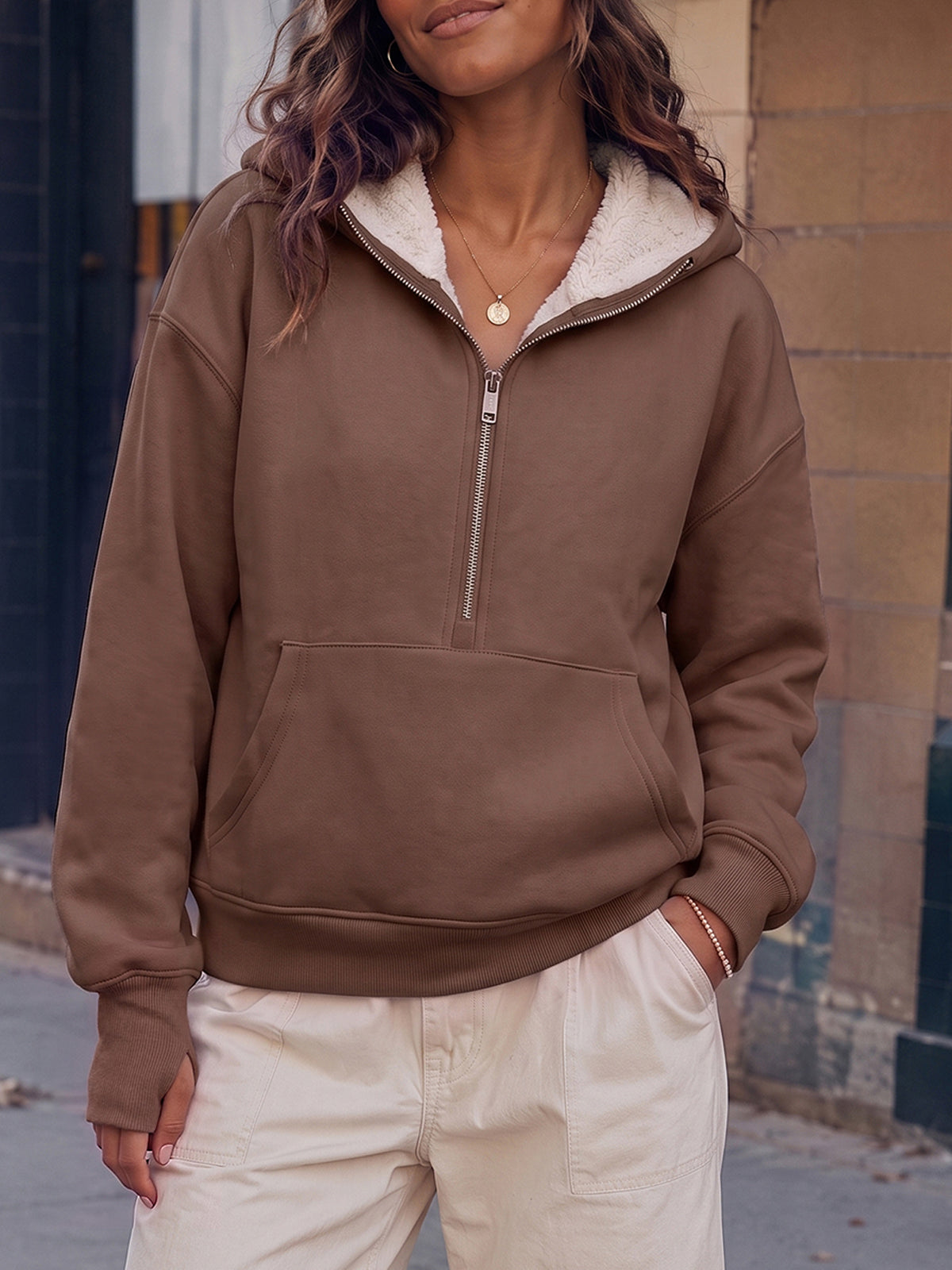 Hoodies Half Zip Fuzzy Fleece Sweatshirts - Fisoew