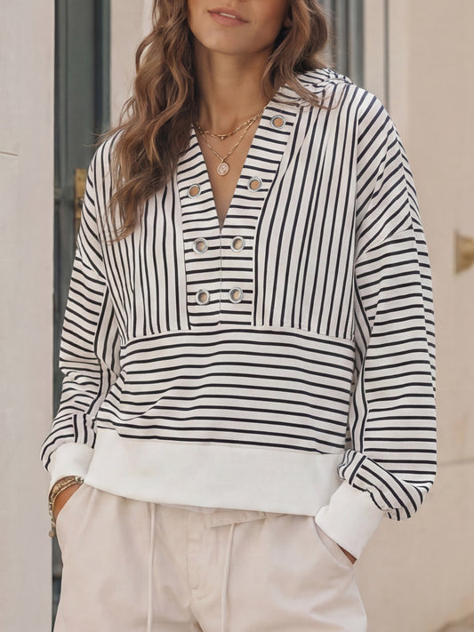 V Neck Striped Cropped Hoodies - Fisoew