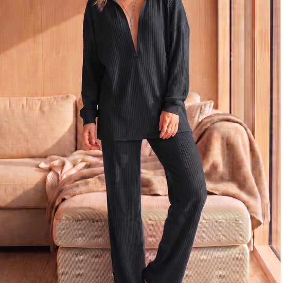 Deep V-Neck High-Stretch Top and Pants Set - Fisoew