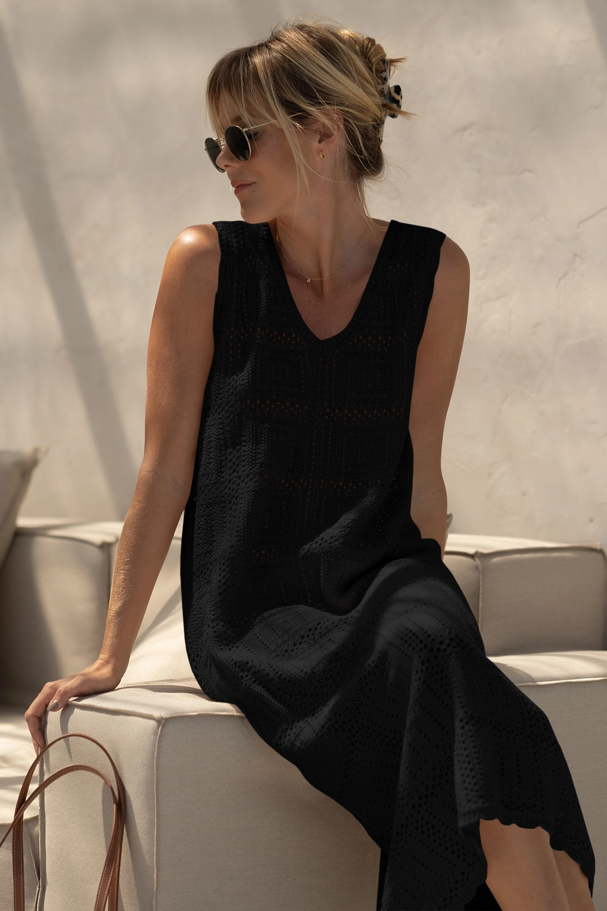 Fisoew Women's Black Boho Knit Sleeveless Dress - Fisoew