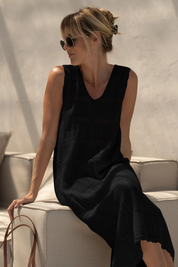 Fisoew Women's Black Boho Knit Sleeveless Dress - Fisoew