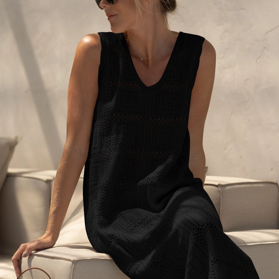 Fisoew Women's Black Boho Knit Sleeveless Dress - Fisoew