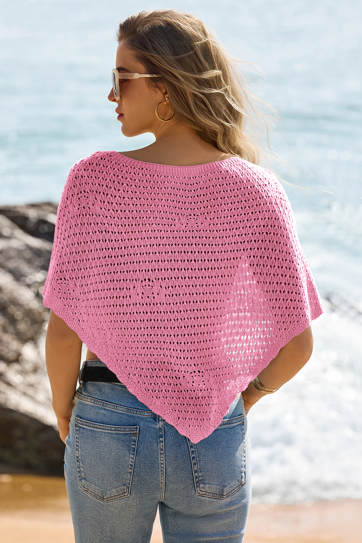Fisoew Women's Pink Sheer Shawl Boho Crochet Cover Ups - Fisoew