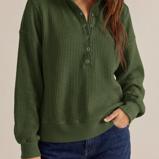 Waffle Knit Button Henley Pullover Sweatshirt - Fisoew