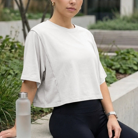 Fisoew Women's White Oversized Crop Tops Summer T-Shirt - Fisoew