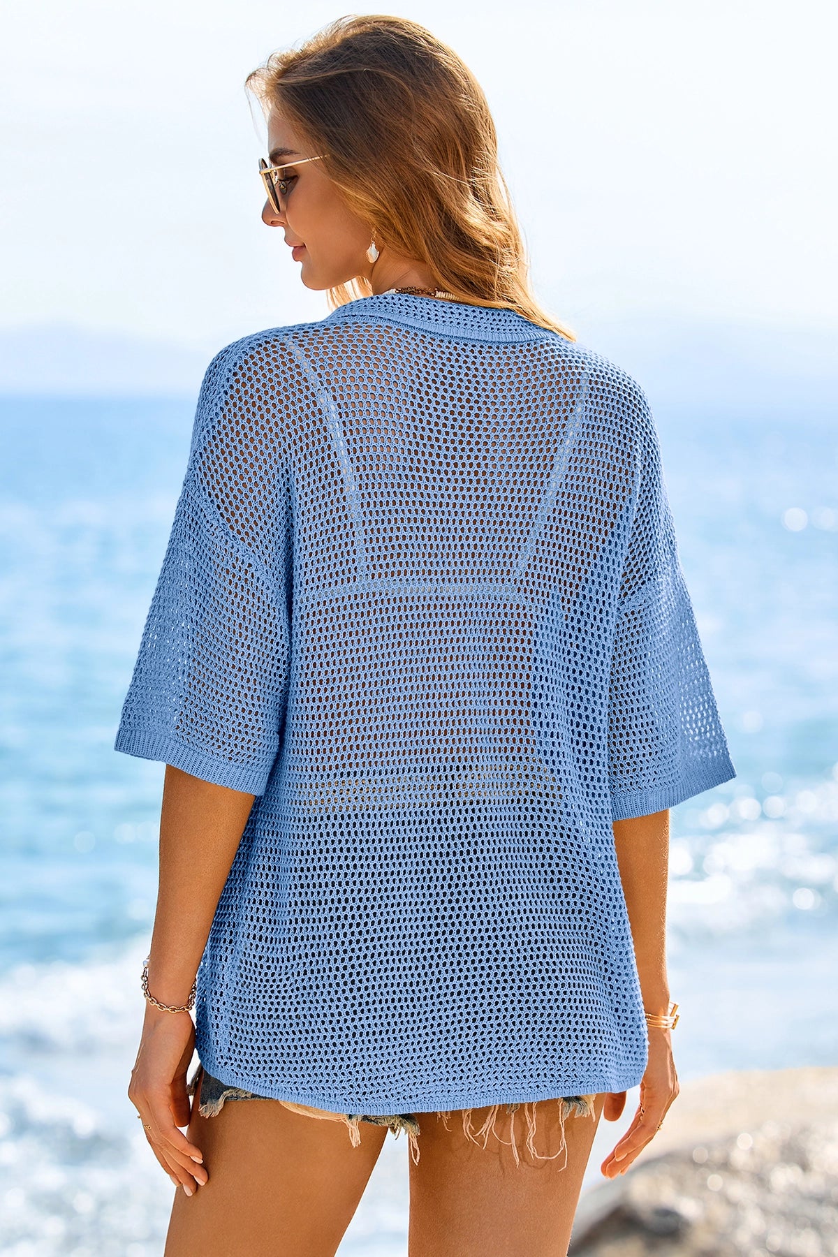 Fisoew Women's Blue Crochet Lightweight Cardigan Sweaters Cover Up Shirts