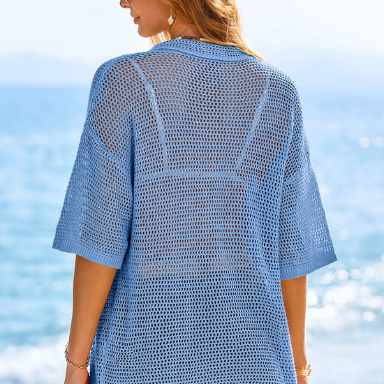 Fisoew Women's Blue Crochet Lightweight Cardigan Sweaters Cover Up Shirts - Fisoew