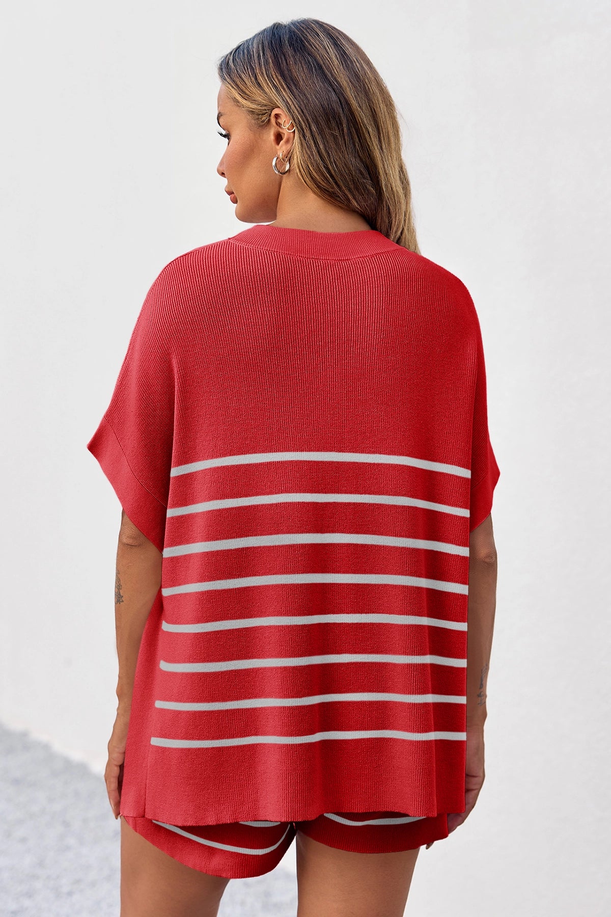 Fisoew Women's Red Striped Oversized Lounge Short Sets - Fisoew