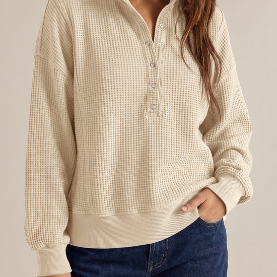 Waffle Knit Button Henley Pullover Sweatshirt - Fisoew