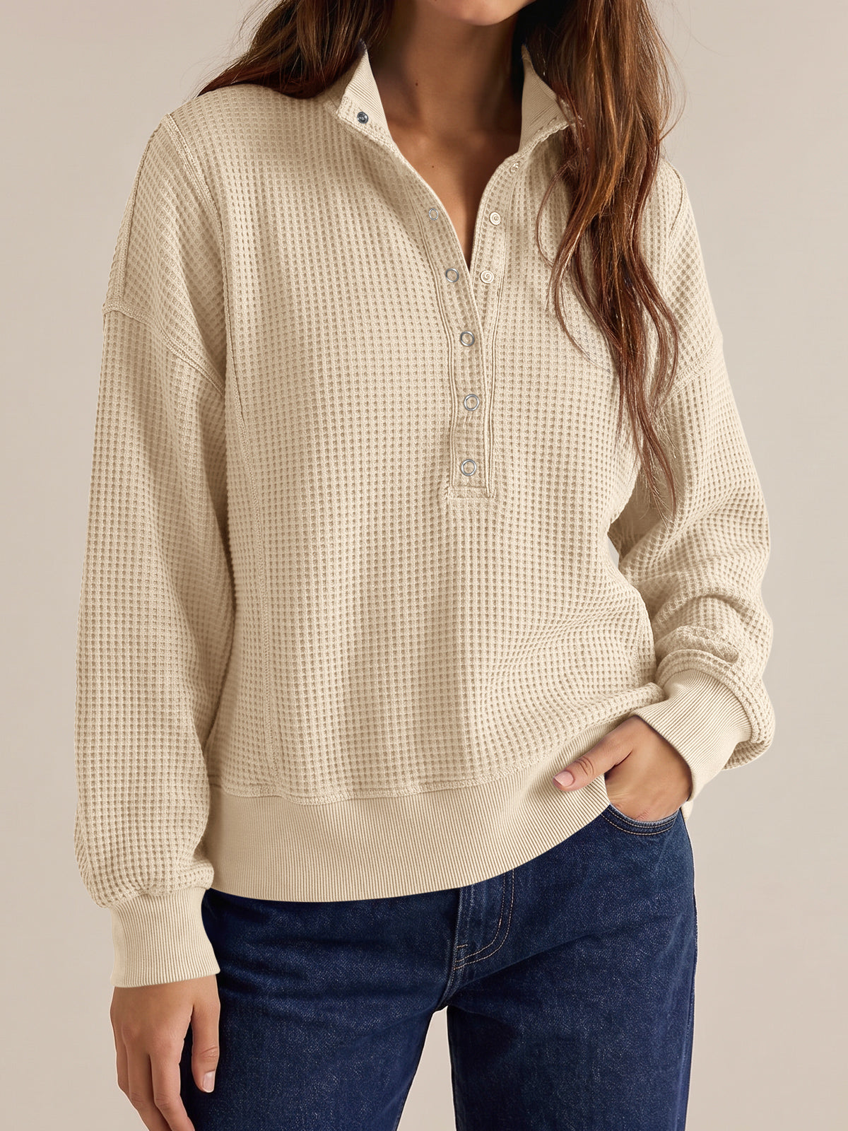 Waffle Knit Button Henley Pullover Sweatshirt - Fisoew
