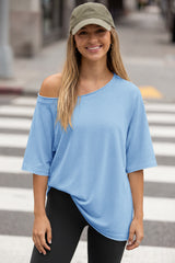 Fisoew Women's Sky Blue Off The Shoulder Tops Oversized  T-Shirts