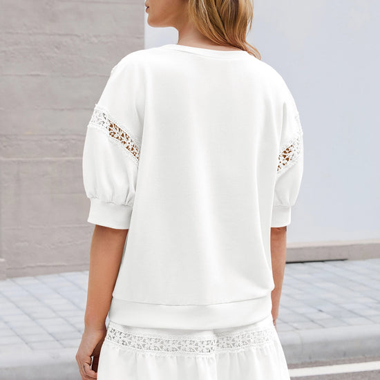 Womens White Lace Trim Puff Sleeve Two Piece Skirt Set Fisoew - Fisoew