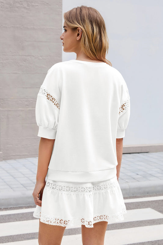 Womens White Lace Trim Puff Sleeve Two Piece Skirt Set Fisoew - Fisoew