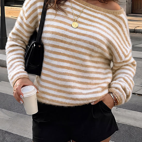 Off Shoulder Striped Knit Pullover - Fisoew