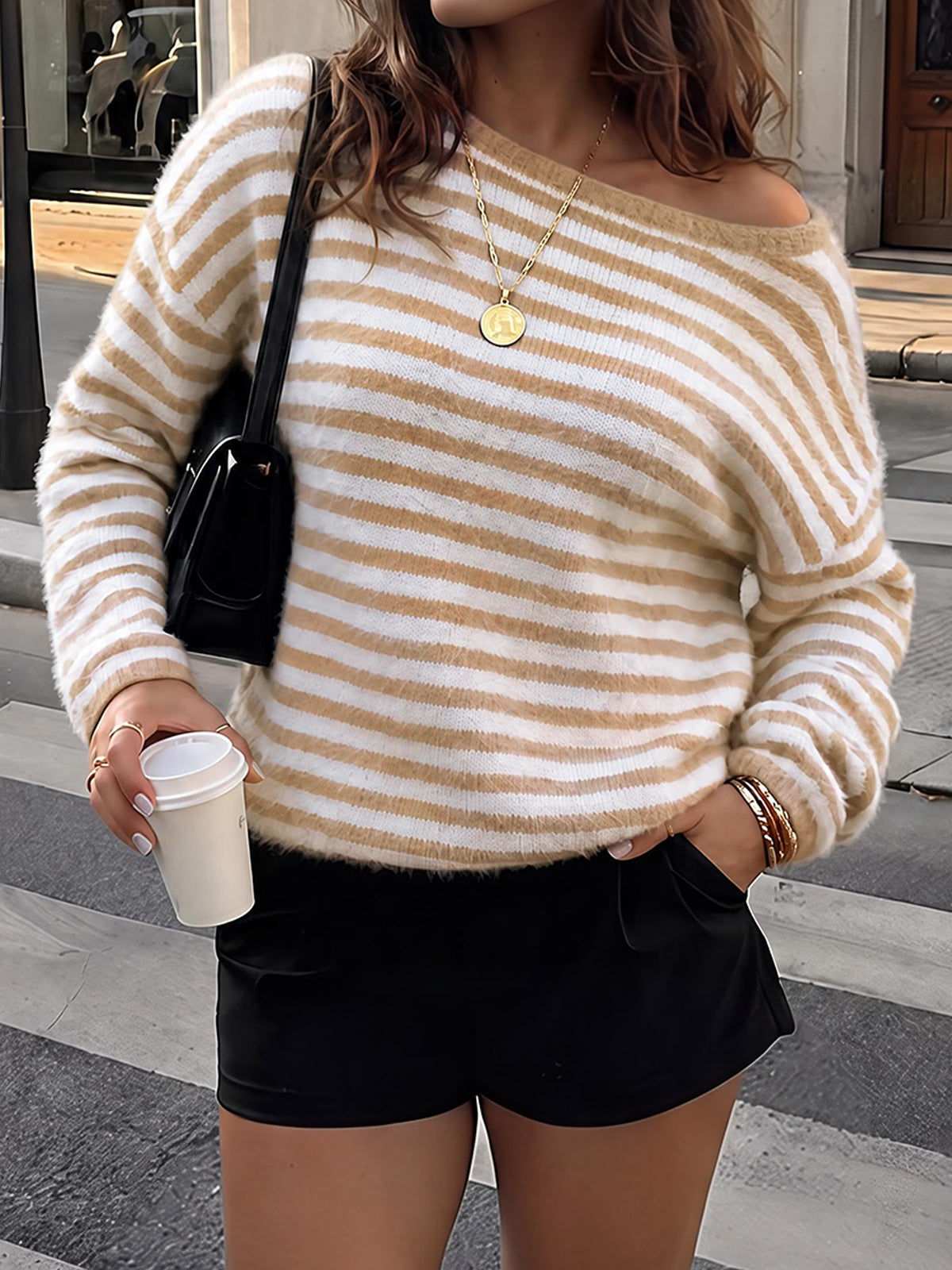 Off Shoulder Striped Knit Pullover - Fisoew