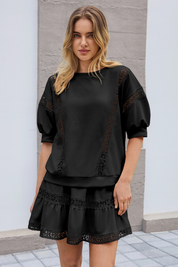 Womens Black Lace Trim Puff Sleeve Two Piece Skirt Set Fisoew