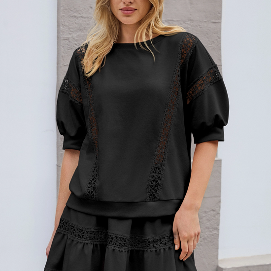 Womens Black Lace Trim Puff Sleeve Two Piece Skirt Set Fisoew - Fisoew