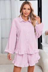 Womens Light Pink Stripe 2Pcs Ruffle Shorts Pajama Set  Fisoew