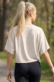 Fisoew Women's Khaki Oversized Crop Tops Summer T-Shirt - Fisoew