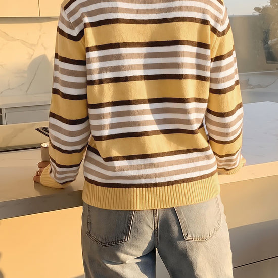 Quarter Zip Striped Long Sleeve Pullover - Fisoew