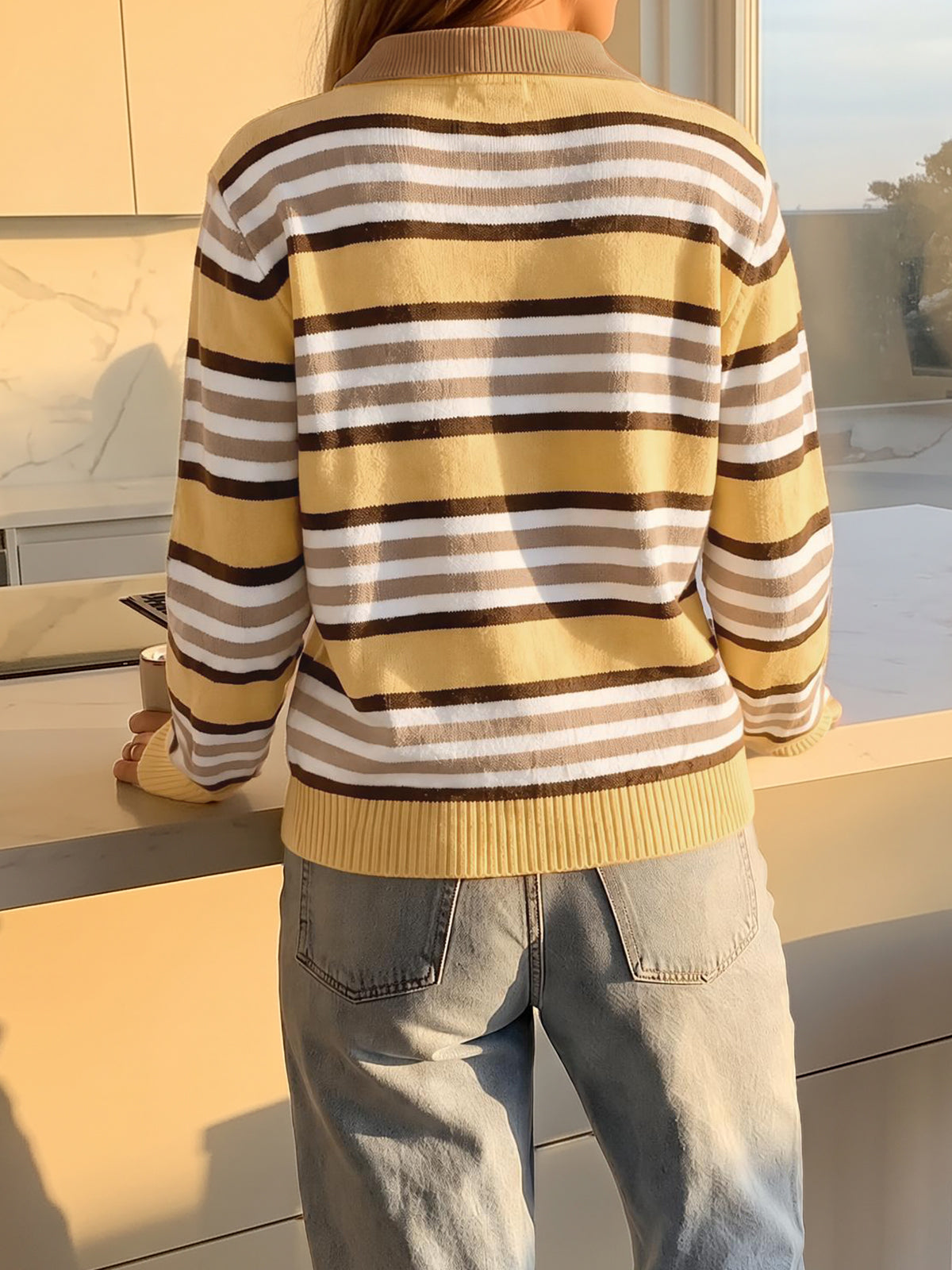 Quarter Zip Striped Long Sleeve Pullover - Fisoew