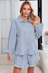 Womens Dark Blue Stripe 2Pcs Shorts Loungewear  Fisoew