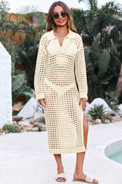 Fisoew Women's Apricot Collared Long Sleeve Mesh Knit Maxi Dress - Fisoew