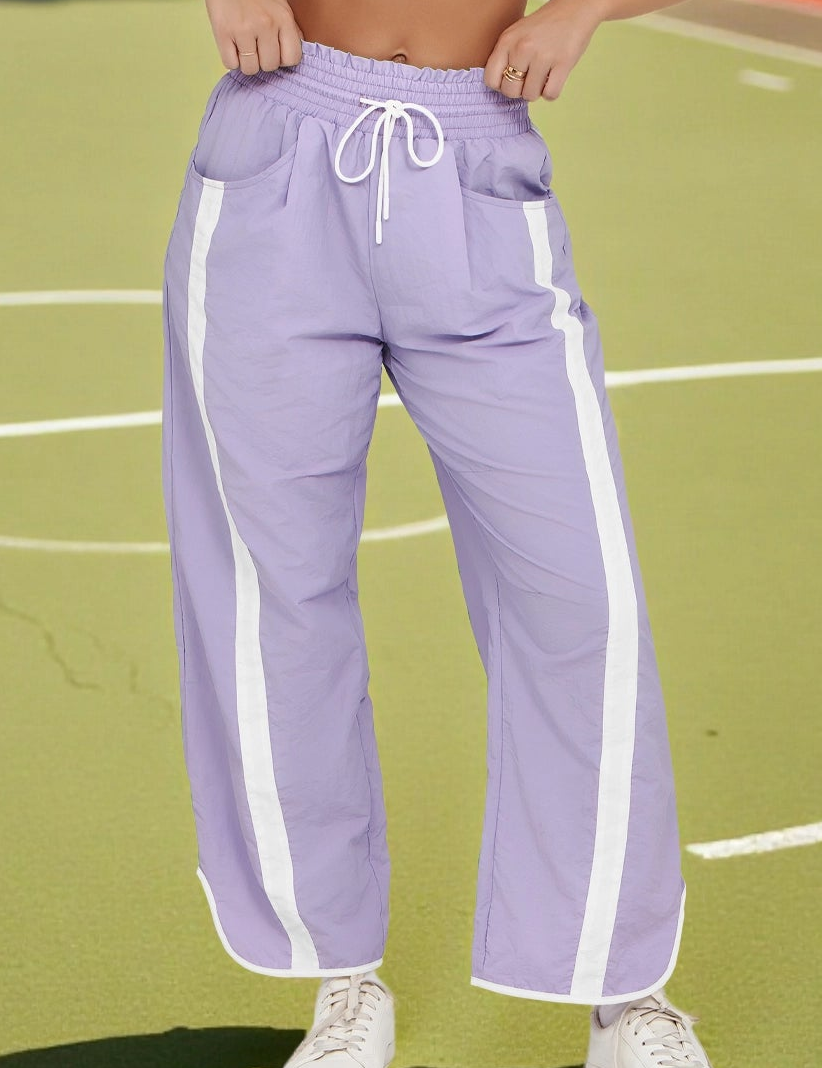 Women's Violet Drawstring Elastic Contrast Color Pants Fisoew - Fisoew