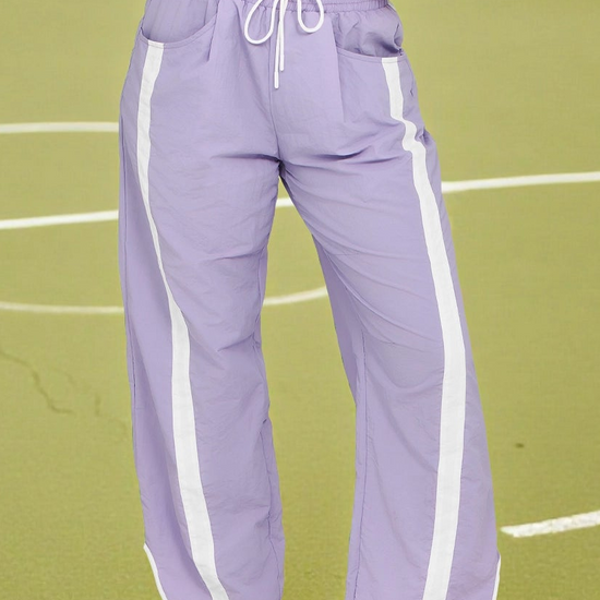 Women's Violet Drawstring Elastic Contrast Color Pants Fisoew - Fisoew