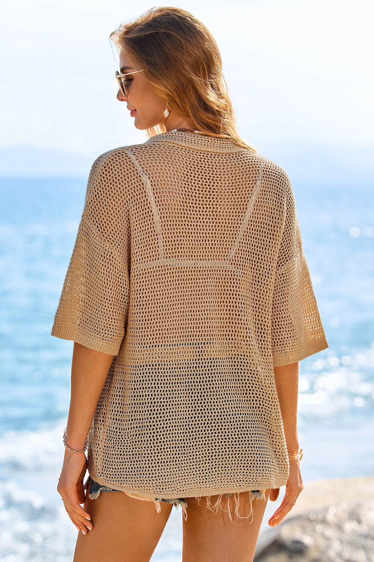 Fisoew Women's Khaki Crochet Lightweight Cardigan Sweaters Cover Up Shirts