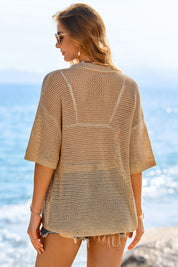 Fisoew Women's Khaki Crochet Lightweight Cardigan Sweaters Cover Up Shirts