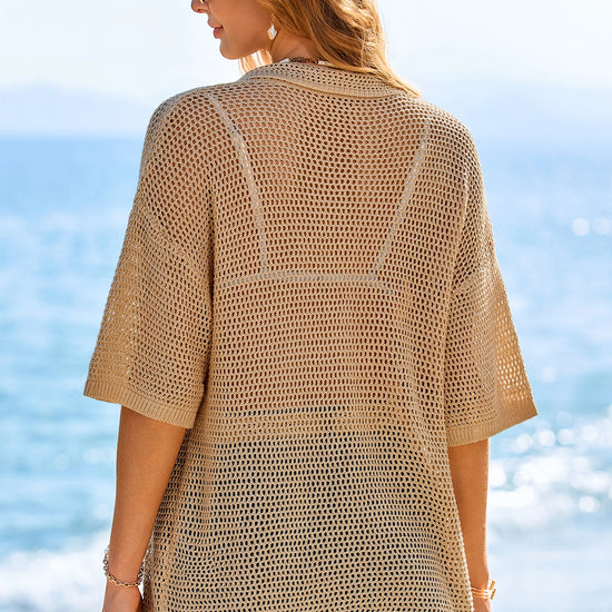 Fisoew Women's Khaki Crochet Lightweight Cardigan Sweaters Cover Up Shirts - Fisoew