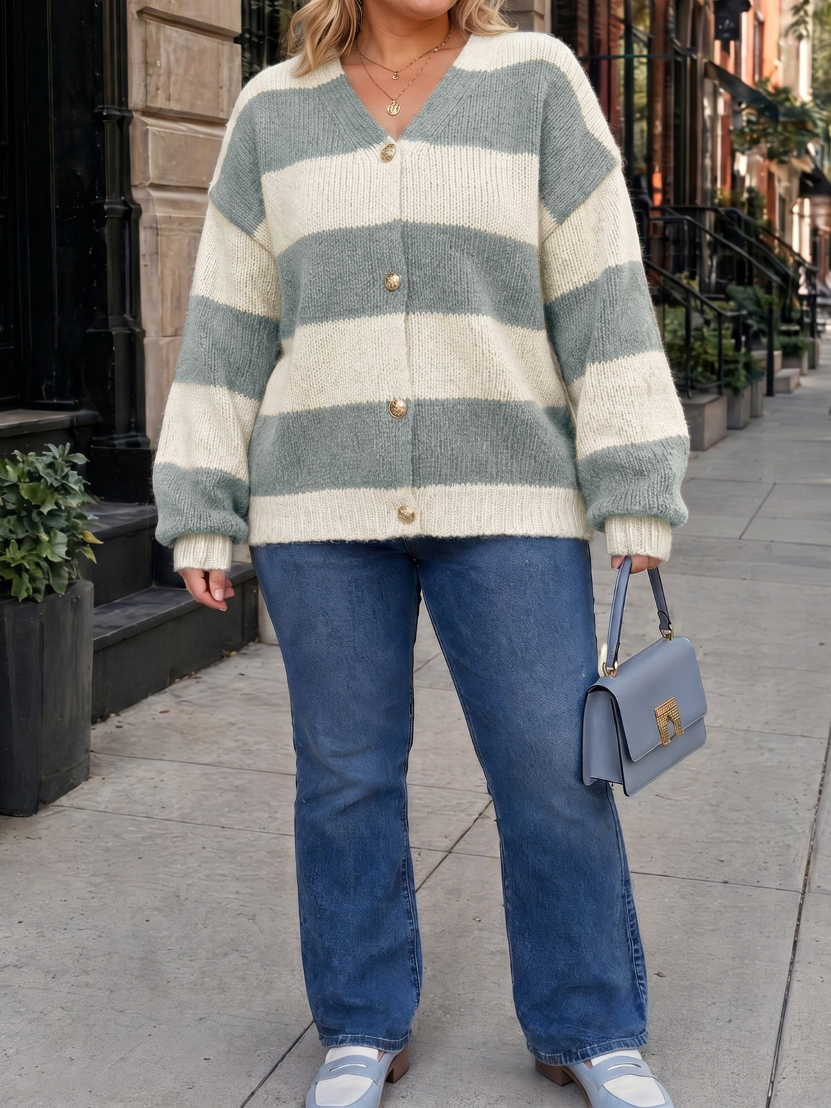 Striped Open Front Button Up Cardigans - Fisoew