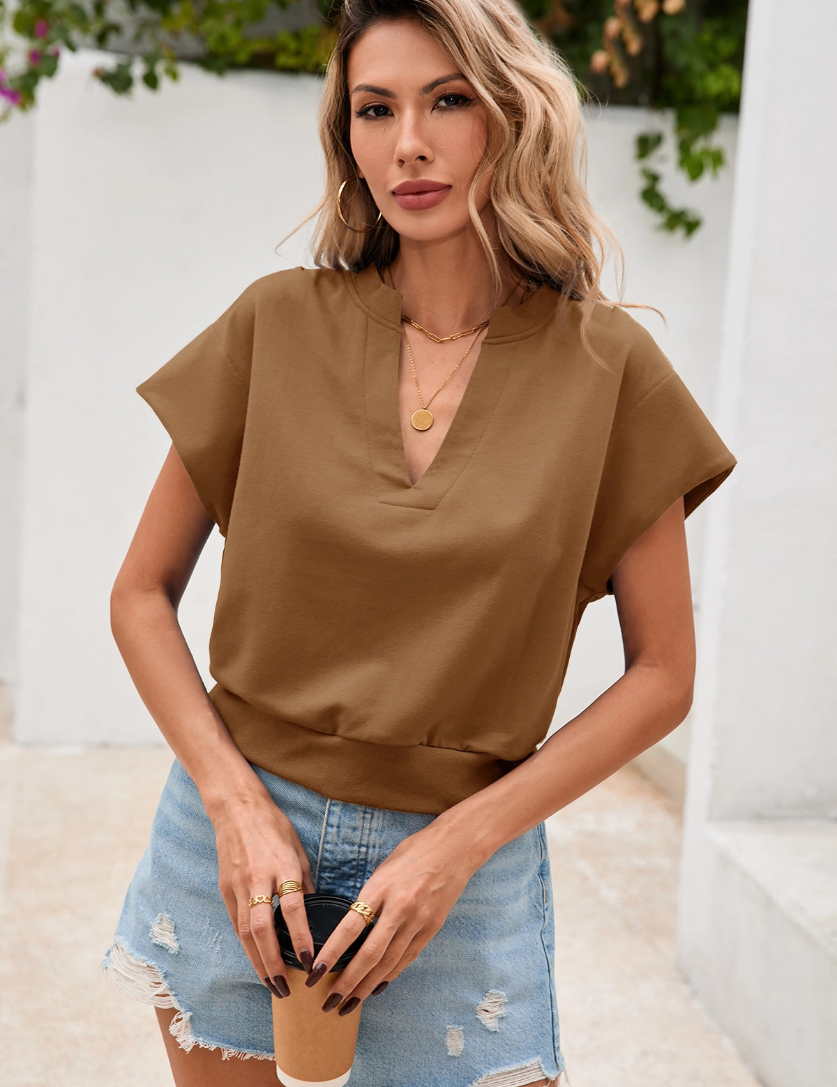 Fisoew Women's Brown V Neck Cap Sleeve Casual Loose Fit T Shirts - Fisoew
