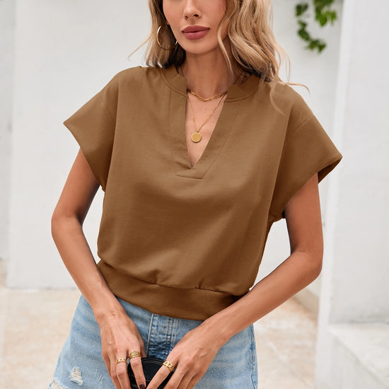 Fisoew Women's Brown V Neck Cap Sleeve Casual Loose Fit T Shirts - Fisoew