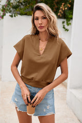 Fisoew Women's Brown V Neck Cap Sleeve Casual Loose Fit T Shirts