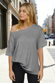 Fisoew Women's Grey Off The Shoulder Tops Oversized  T-Shirts - Fisoew