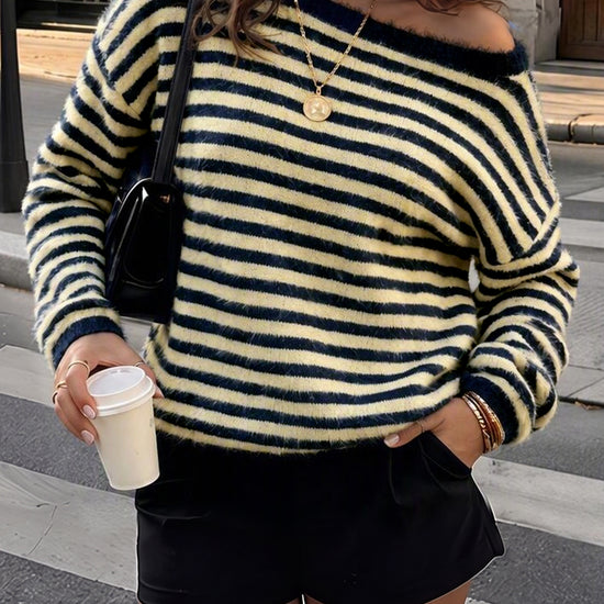 Off Shoulder Striped Knit Pullover - Fisoew