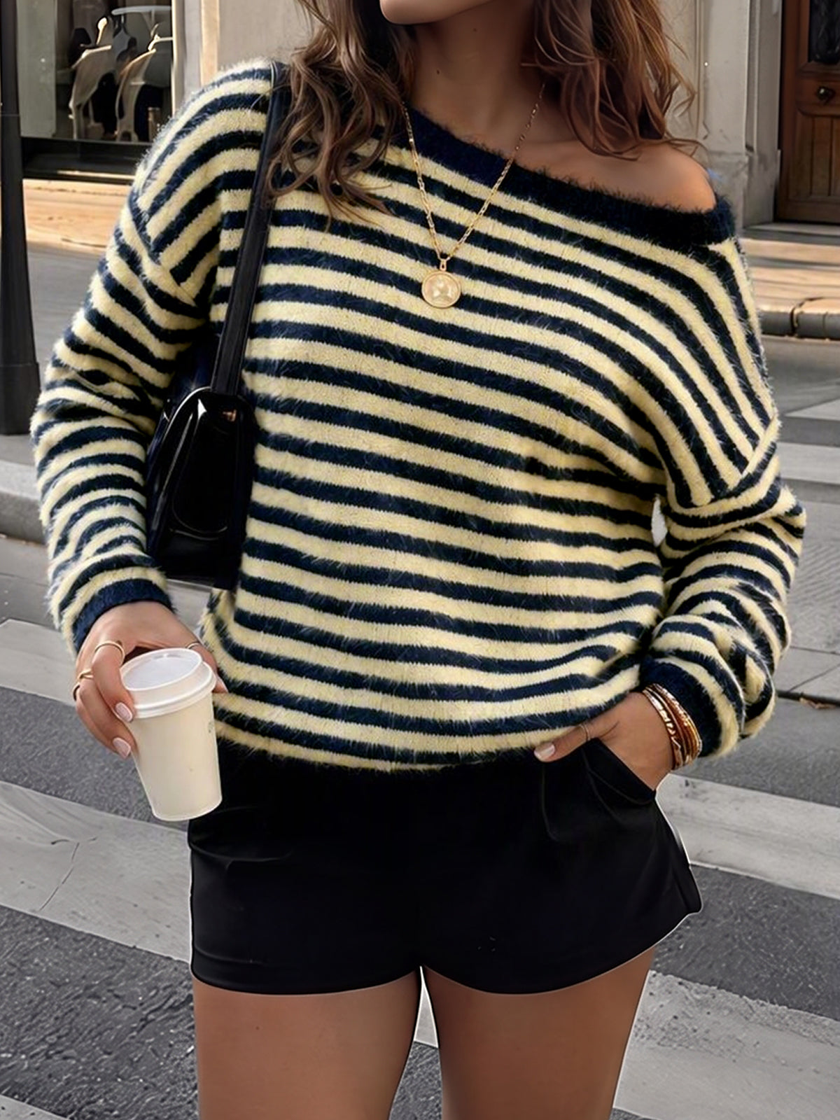 Off Shoulder Striped Knit Pullover - Fisoew