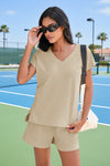 Fisoew Women's Khaki V Neck 2 Piece Casual Outfits - Fisoew