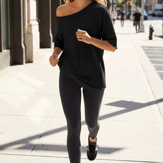 Fisoew Women's Black Off The Shoulder Tops Oversized  T-Shirts - Fisoew