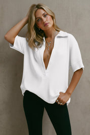 Fisoew Women's White Oversized Deep V Neck Sweatshirts