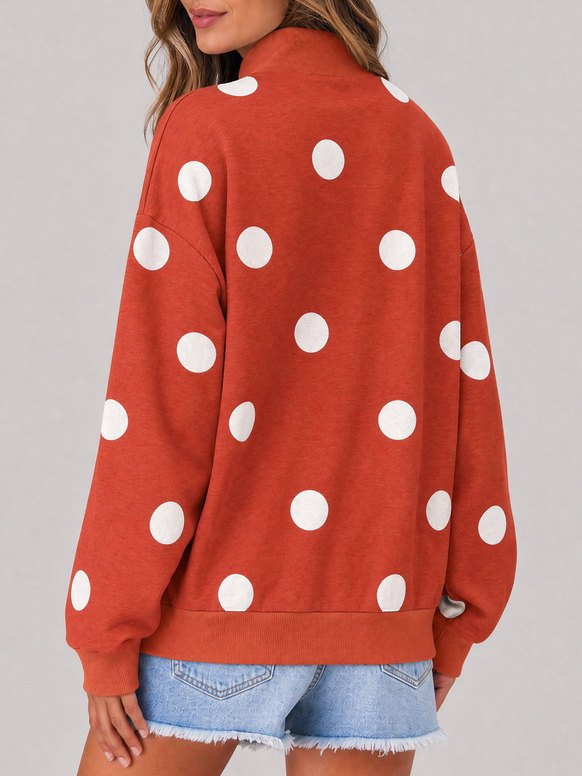 Mock Neck Long Sleeve Polka Dot Sweatshirts - Fisoew