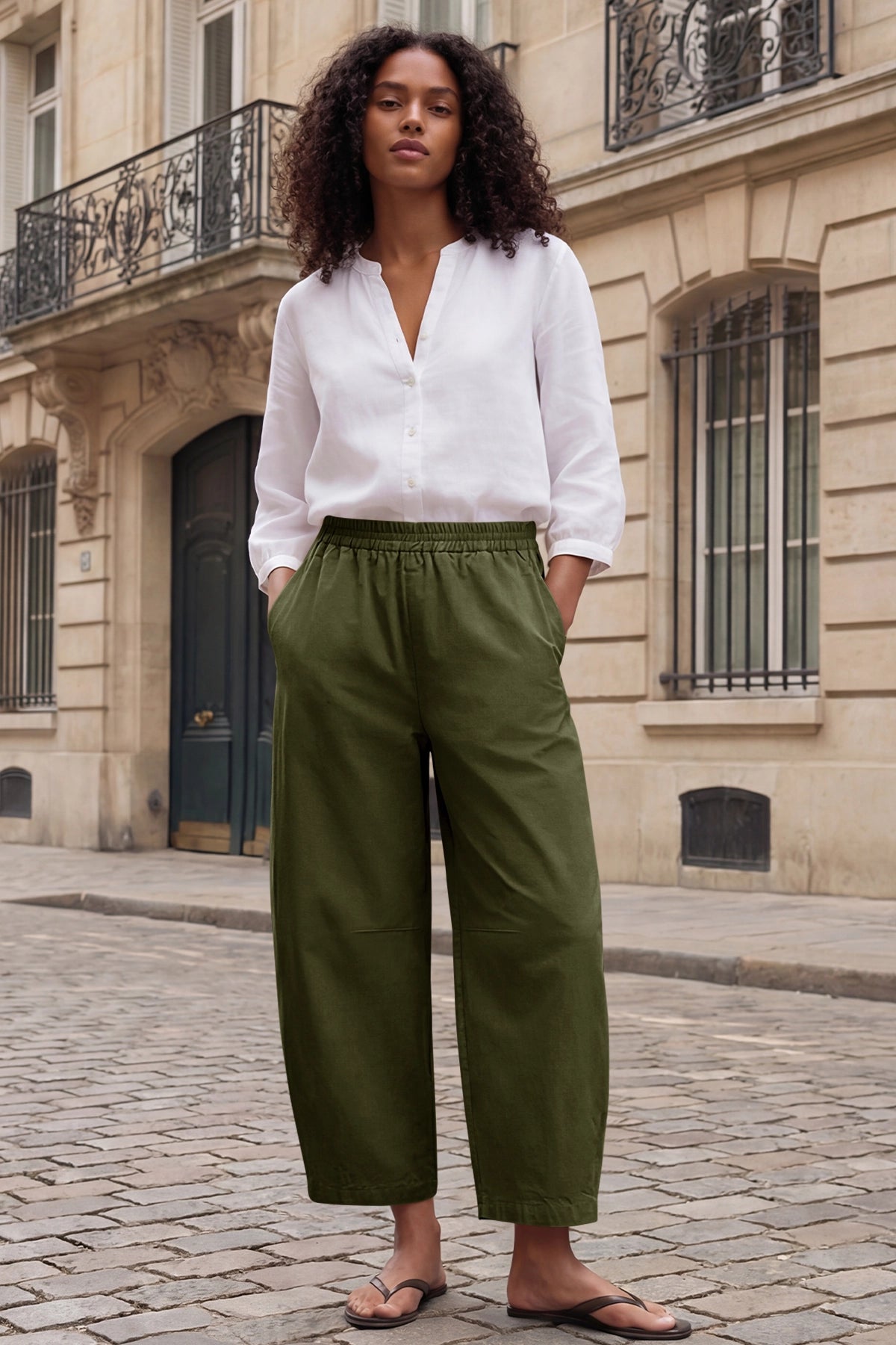 Fisoew Women's Army Green Wide Leg Barrel Pants - Fisoew