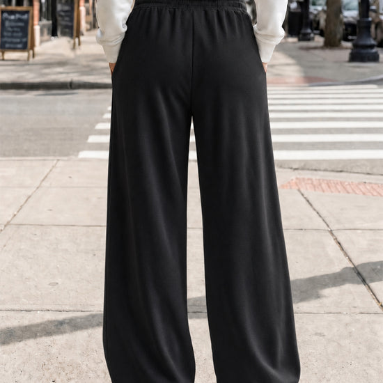 Solid Wide Leg High Waist Pants - Fisoew