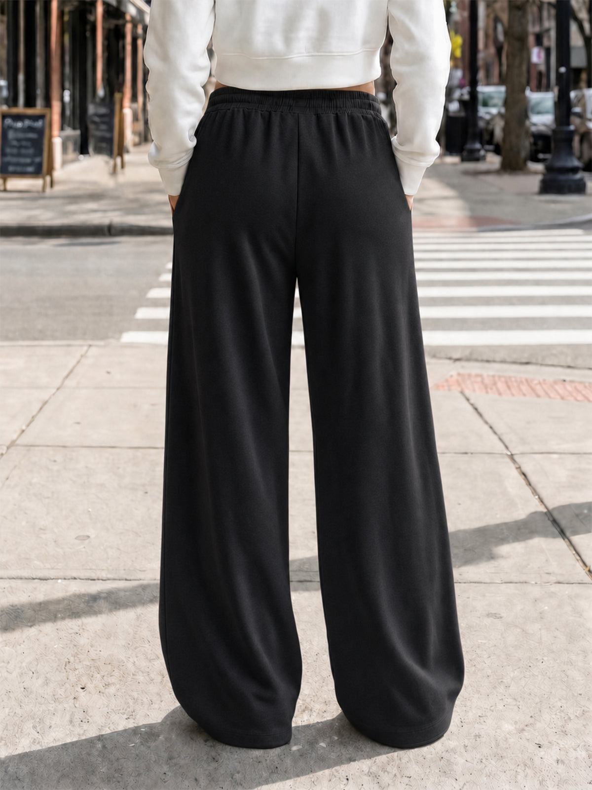 Solid Wide Leg High Waist Pants - Fisoew